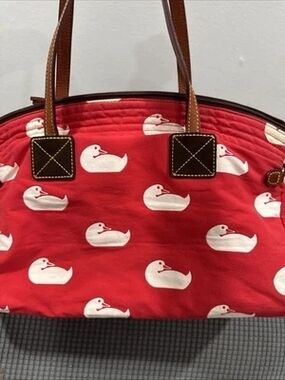 Dooney & Bourke Red Duck-Print Tote with Brown Trim